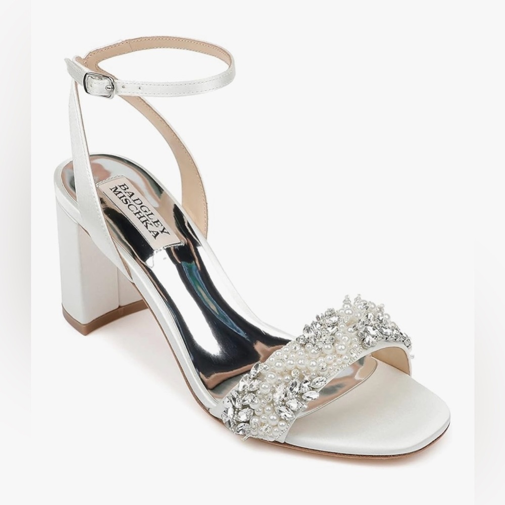 Badgley Mischka Clara Embellished Strap Evening Shoe - Size 6.5, Soft White